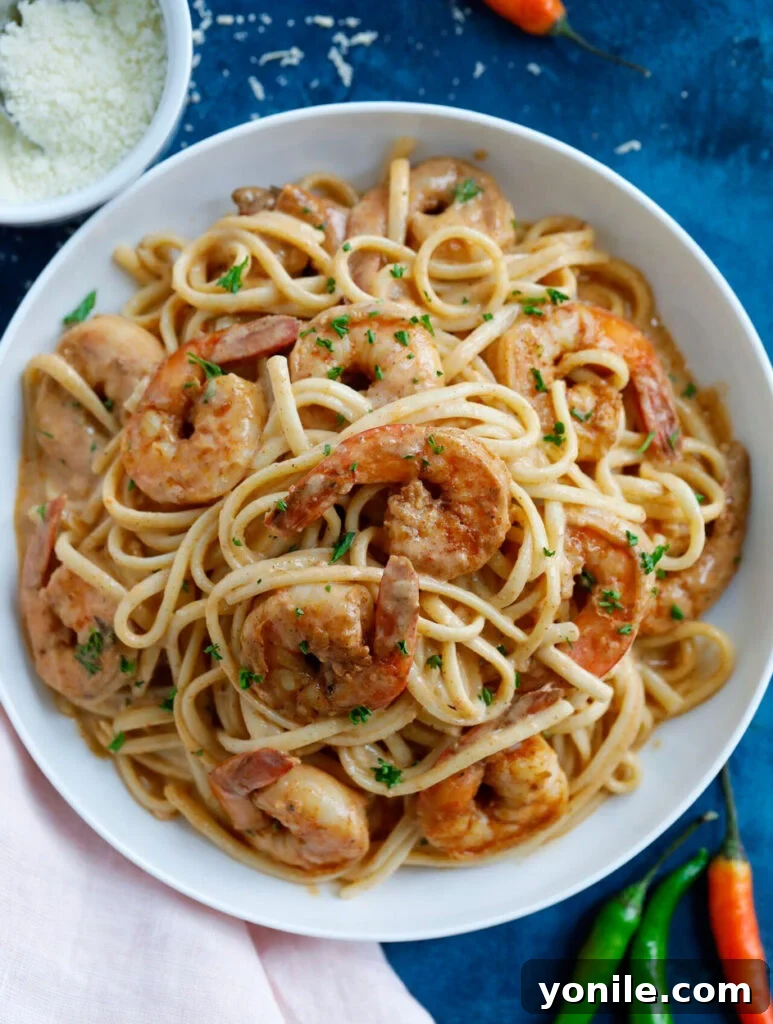 top down shot of Creamy Shrimp Cajun Pasta in a bowl, garnished with fresh herbs.