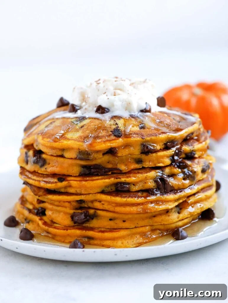 Pumpkin Chocolate Chip Pancakes pile of Pumpkin spice chocolate chip Pancakes with cream cheese topping