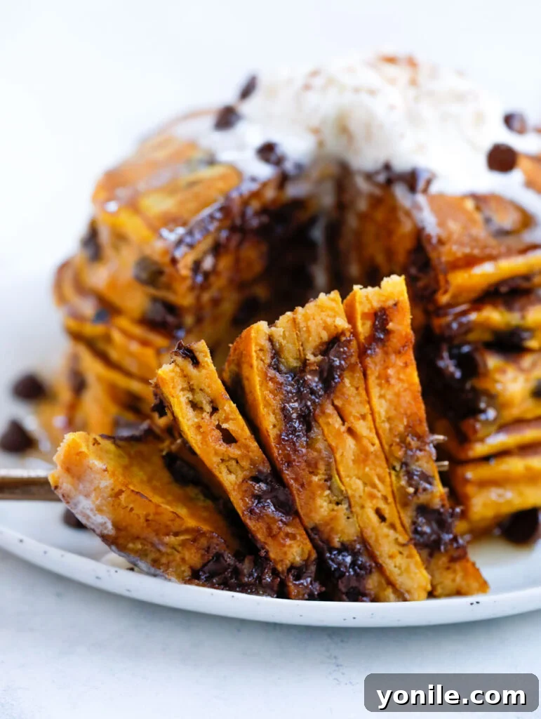 Pumpkin Chocolate Chip Pancakes Cut up Pumpkin spice Chocolate Chip Pancakes on a plate