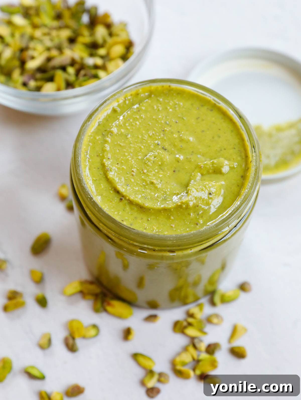Homemade pistachio cream in a jar.