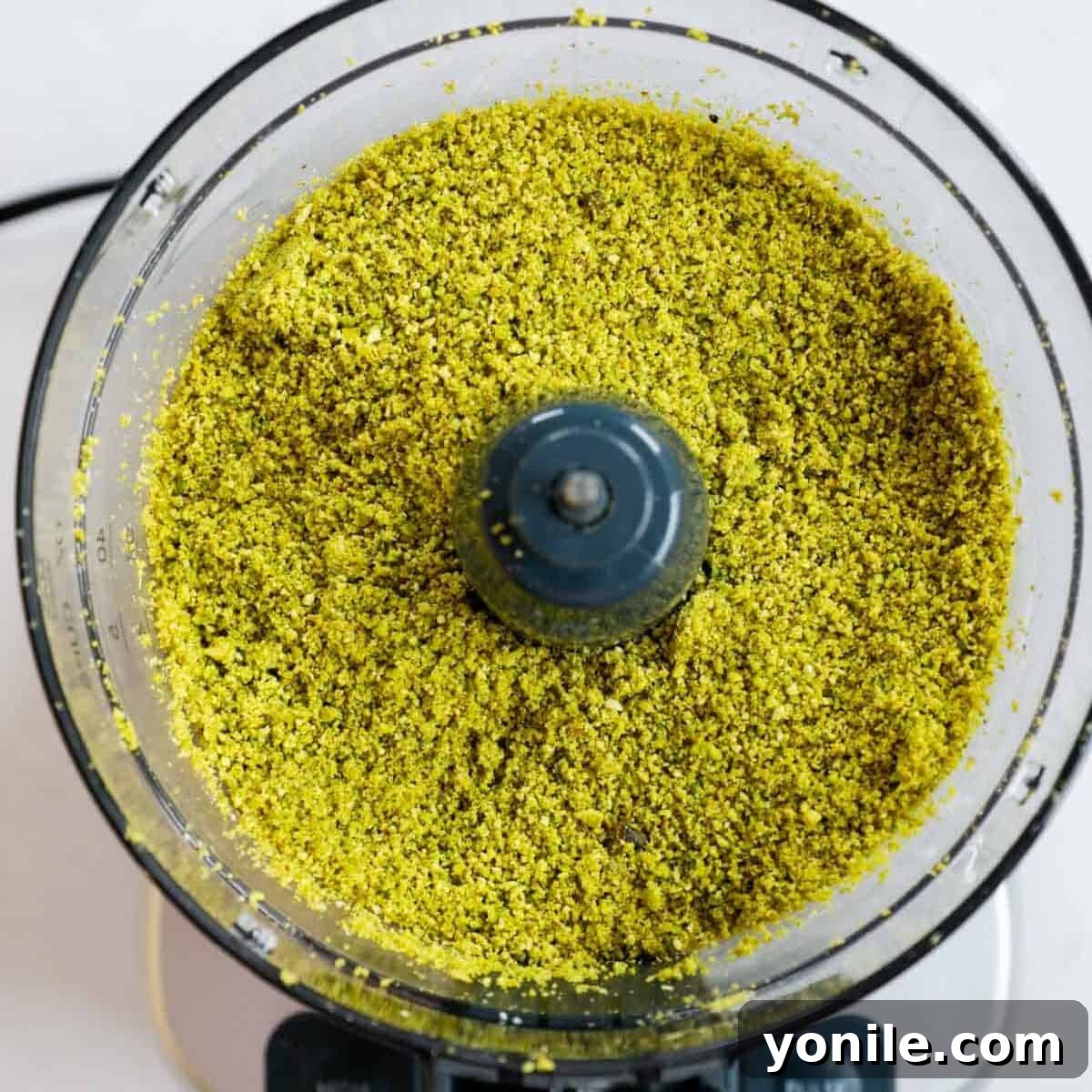 Semi ground pistachio in a food processor.