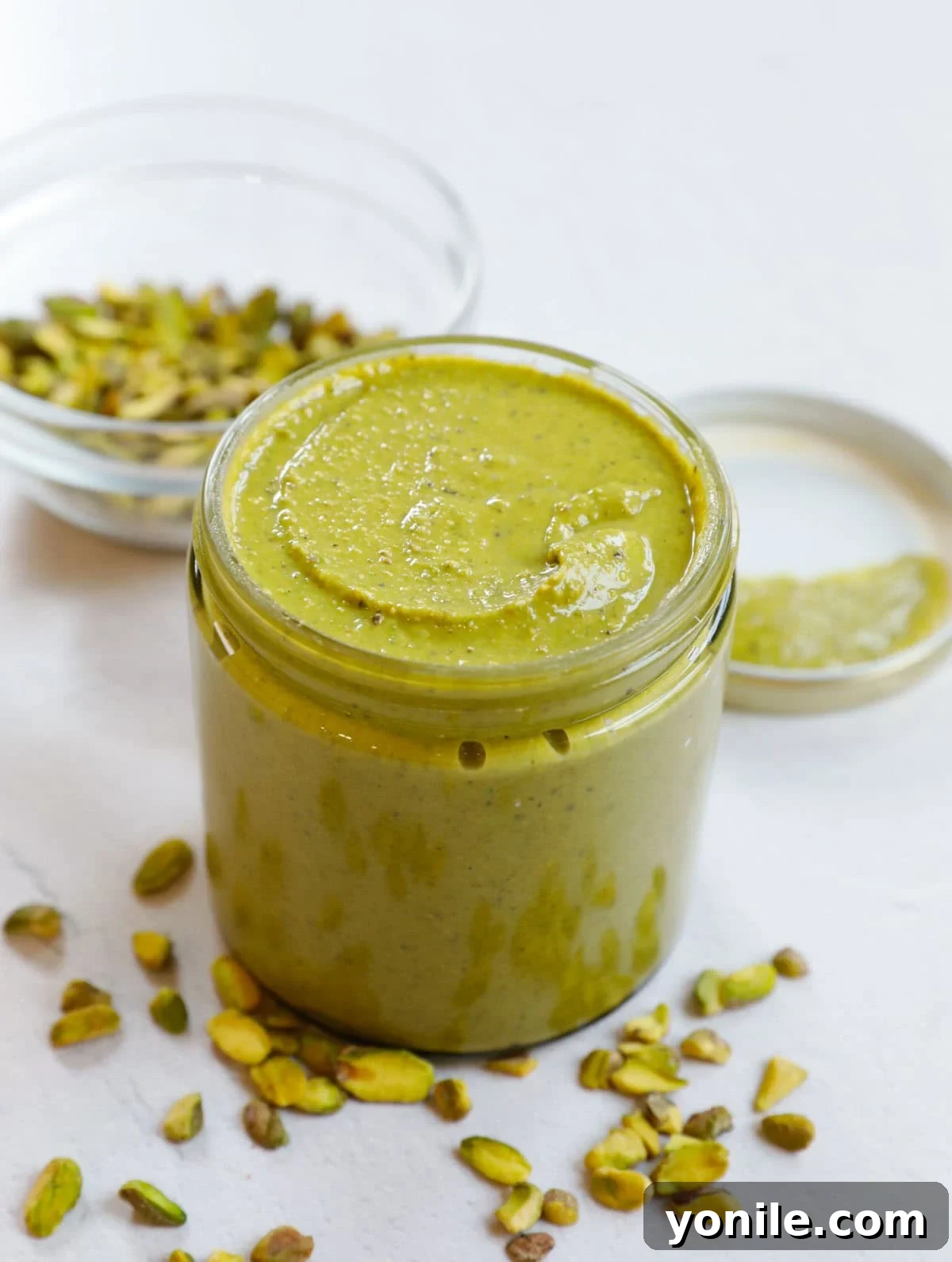 Homemade pistachio cream in a jar.