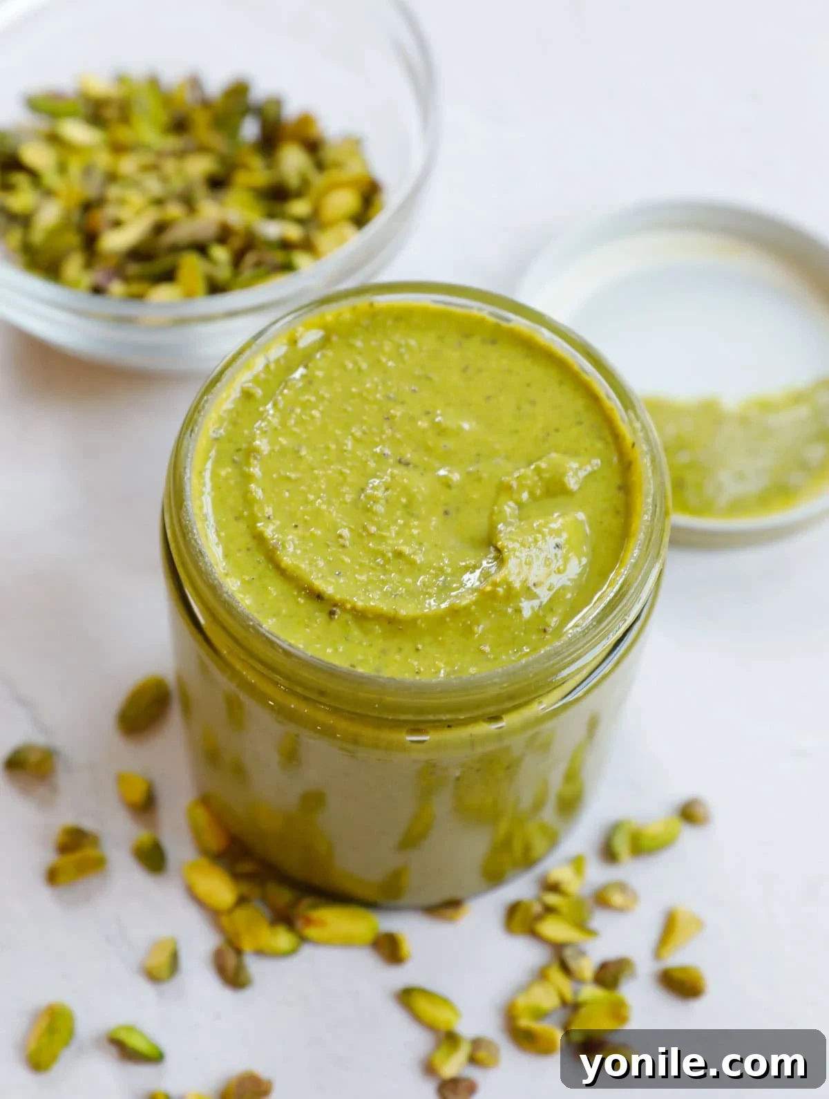 Homemade pistachio cream in a jar.