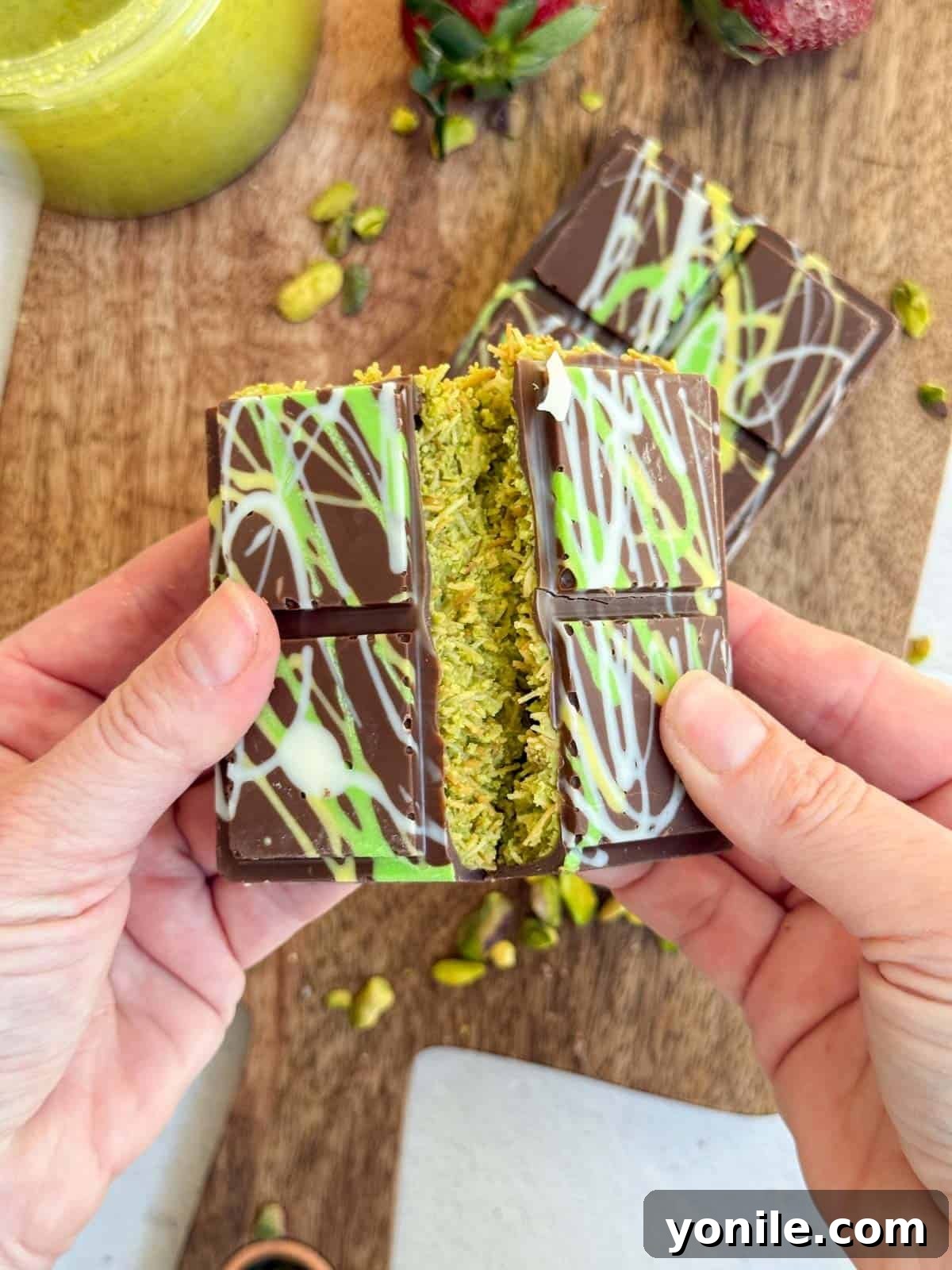 Emirate's Indulgence Bar 12 Hands breaking the Dubai Chocolate Bar to reveal the rich, crispy pistachio filling.