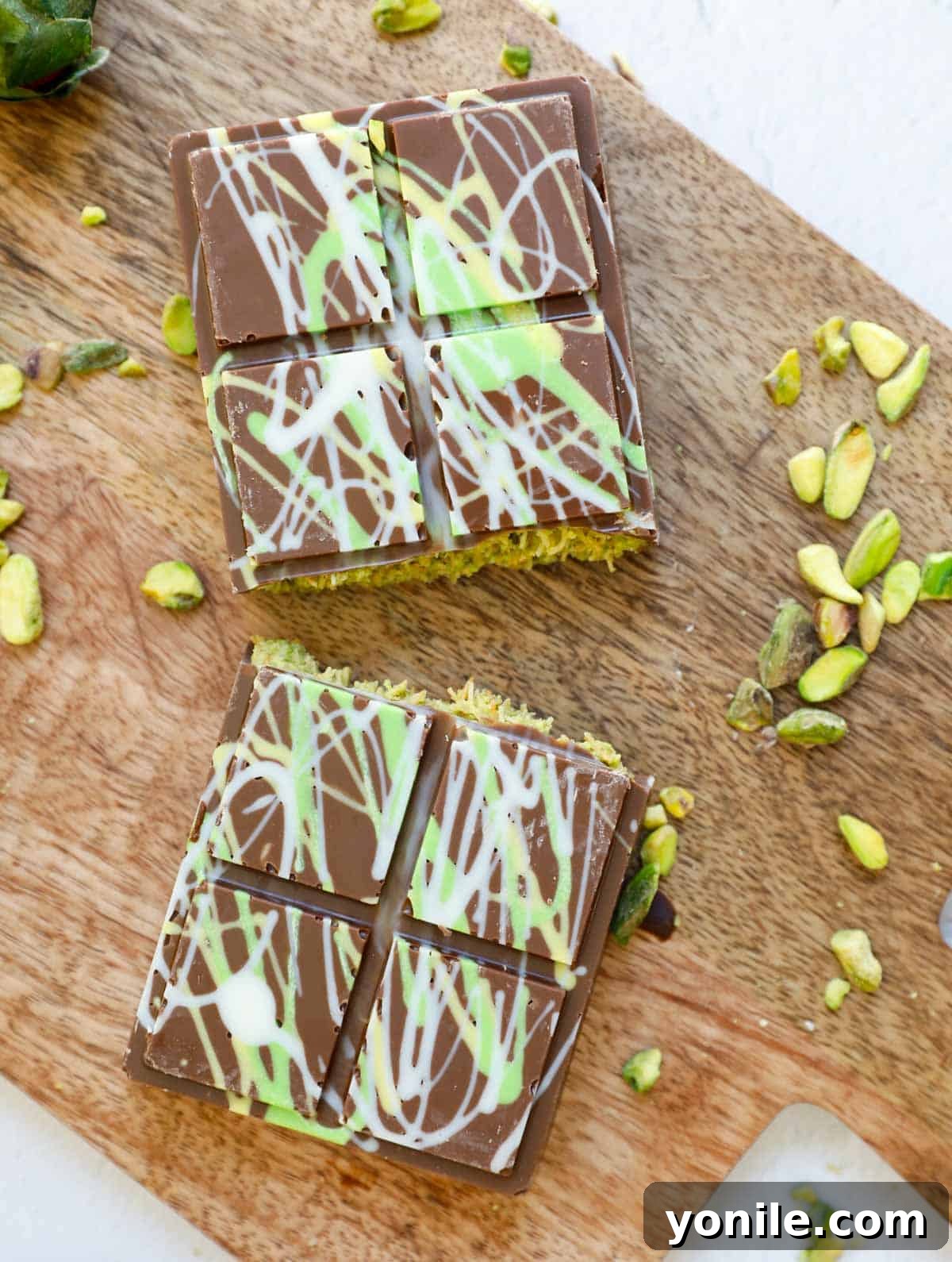 Emirate's Indulgence Bar 13 A perfectly cut Dubai pistachio chocolate bar, showcasing the beautiful layers and textures within.
