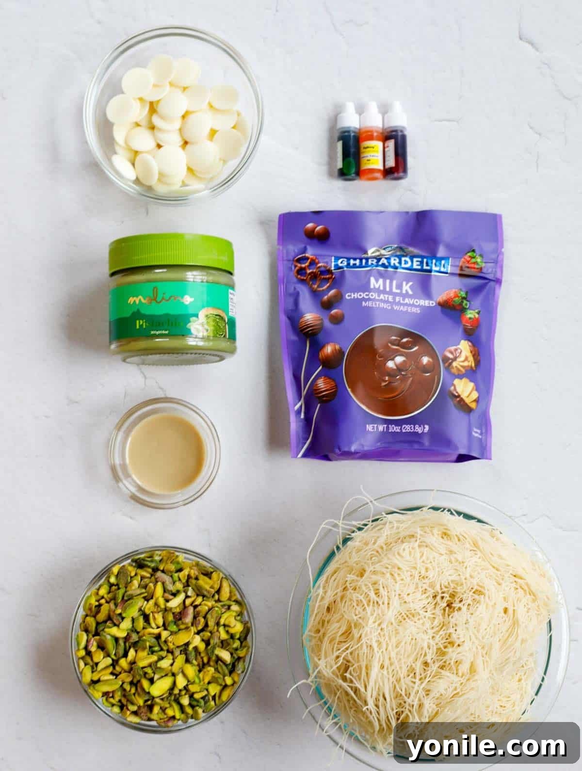 Emirate's Indulgence Bar 3 Collection of ingredients laid out for making the viral Dubai Chocolate Bar at home.