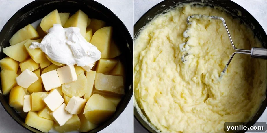 Effortless Velvety Mash 2 mashing potatoes in a pot