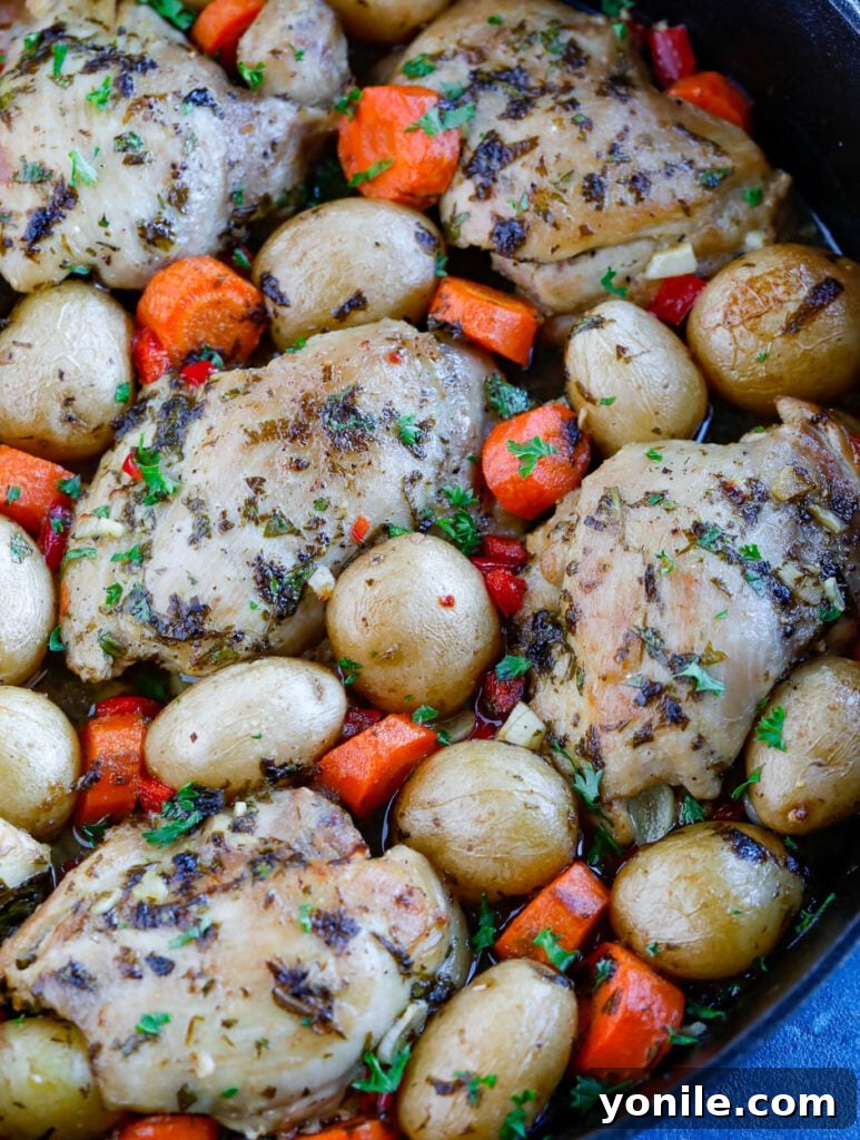 Oven Baked Chicken and Potatoes in a skillet, garnished with fresh herbs