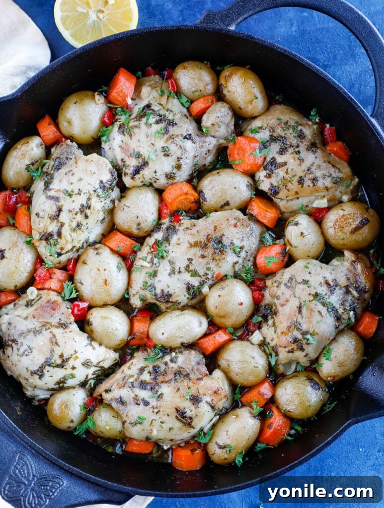 Overhead shot of a full skillet of baked chicken and potatoes with herbs