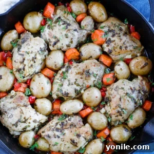 overhead shot of Baked chicken and potatoes