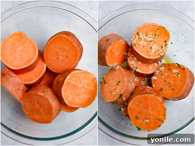 Sliced Sweet Potatoes Ready for Coating Sliced sweet potatoes in a glass bowl, ready to be coated with herb butter.