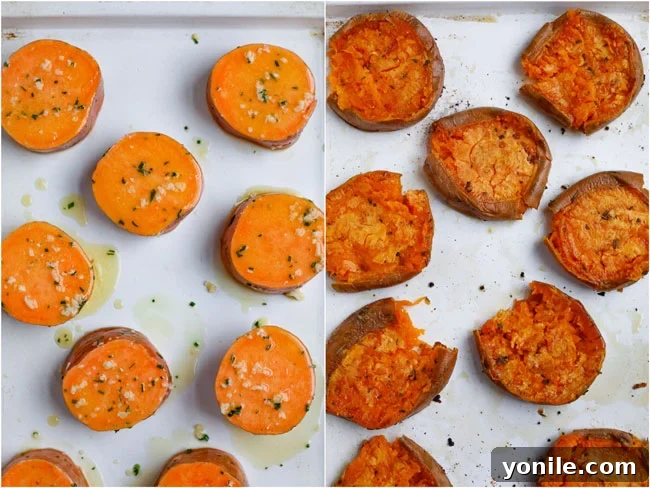 Sweet Potatoes, Pre- and Post-Baking Side-by-side comparison of sweet potato slices before and after initial baking, showing slight browning.