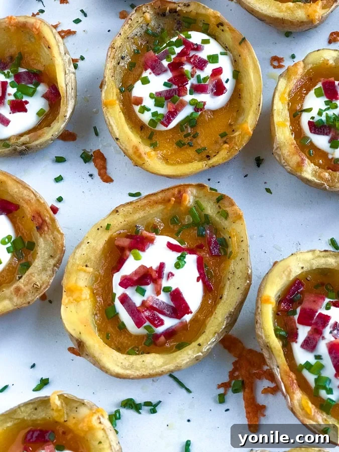 baked potato skins Top down shot of Crispy Baked Potato Skins with melted cheese, sour cream, turkey bacon, and chives