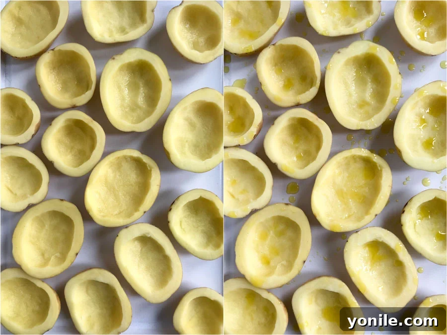 Golden Crispy Potato Shells 2 Cored potato halves ready for baking