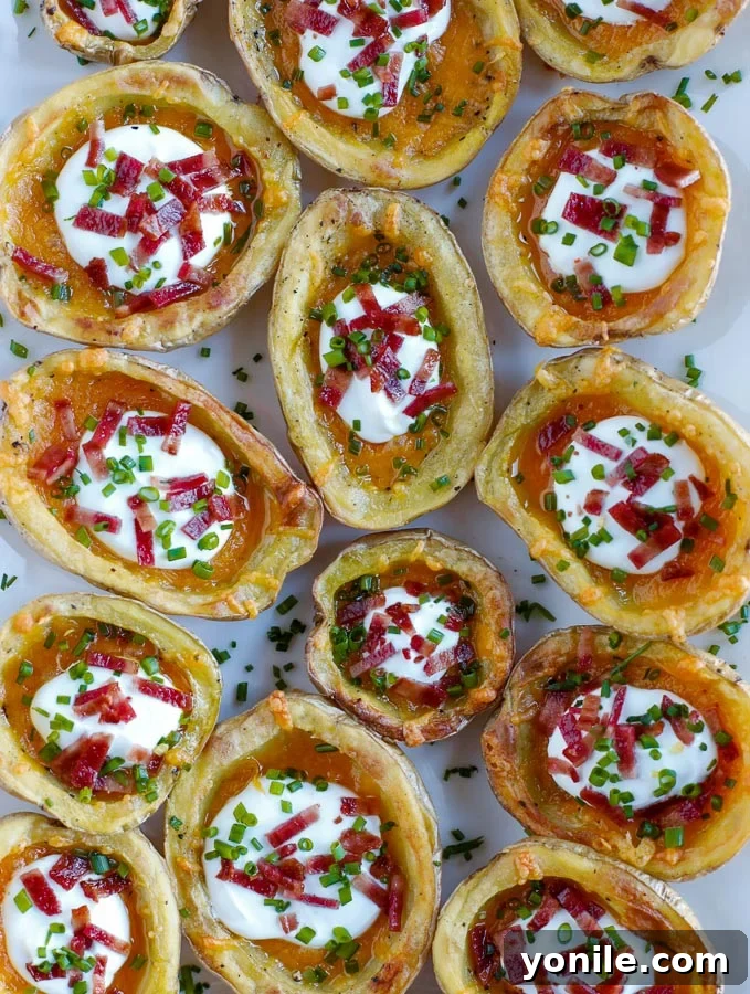 cripsy baked potato skins Overhead shot of Crispy Baked Potato Skins with all toppings