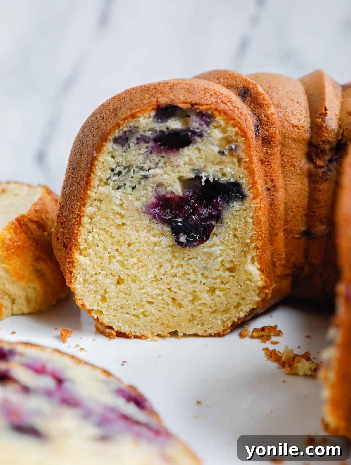 Luscious Blueberry Bundt Cake 6 A close-up shot of a freshly cut blueberry Bundt cake, highlighting its moist texture and abundant blueberries.