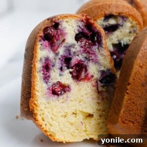 A slice of blueberry Bundt cake showing the tender interior.