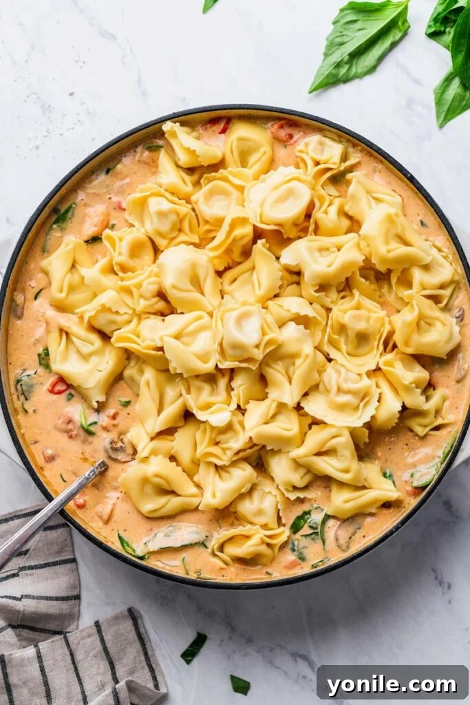tortellini pasta placed in the skillet over the creamy sauce