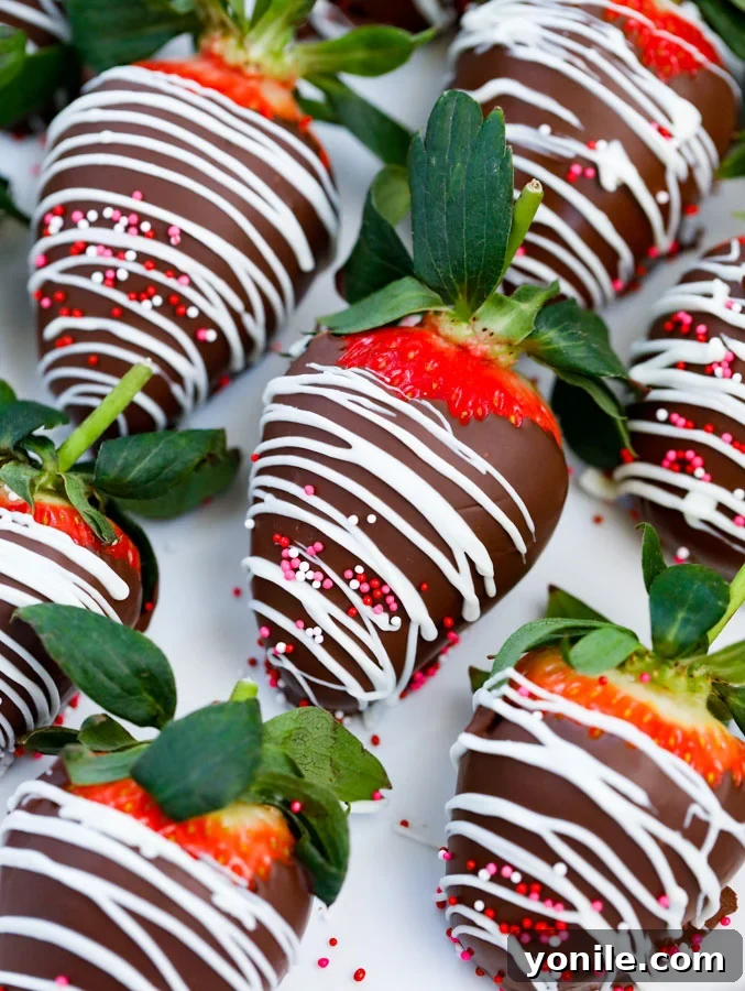 Rows of beautifully arranged, easy-to-make chocolate covered strawberries, some drizzled with white chocolate and sprinkles.