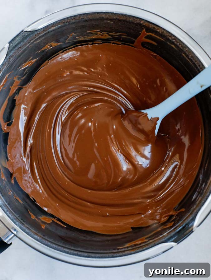 Rich, dark semi-sweet chocolate perfectly melted and glistening in a pot, ready for dipping.