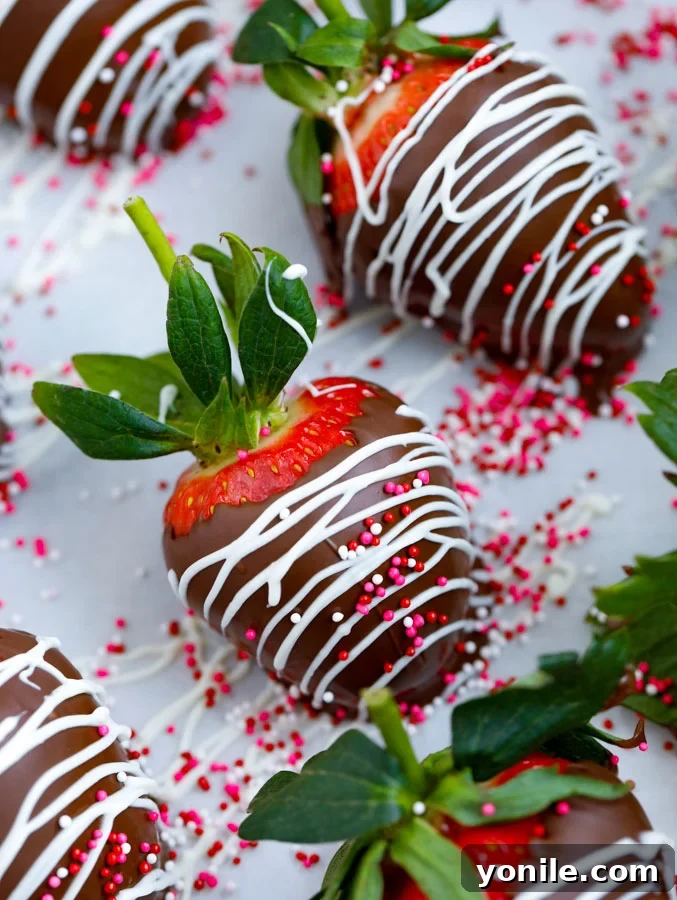 Assorted chocolate covered strawberries generously adorned with a variety of delicious toppings, including sprinkles and crushed nuts.