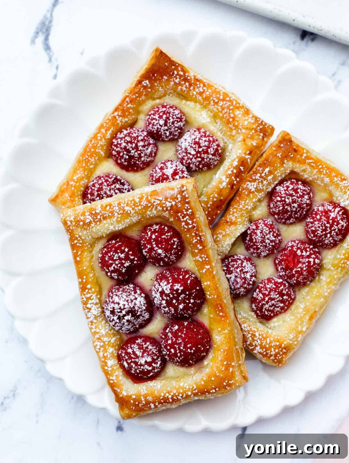 A close-up of a raspberry tart on a plate, delicately dusted with powdered sugar, highlighting its crisp layers and fresh fruit.