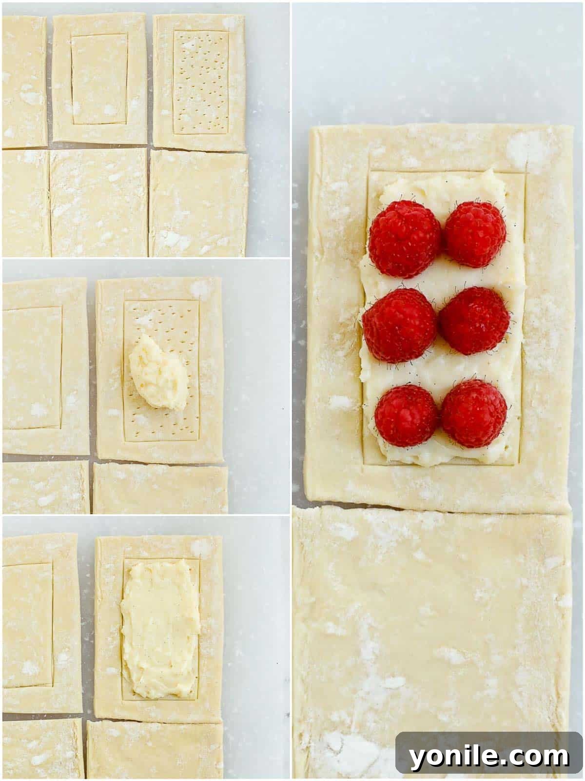 Unbaked puff pastry rectangles with scored borders, filled with pastry cream and fresh raspberries, ready for baking.