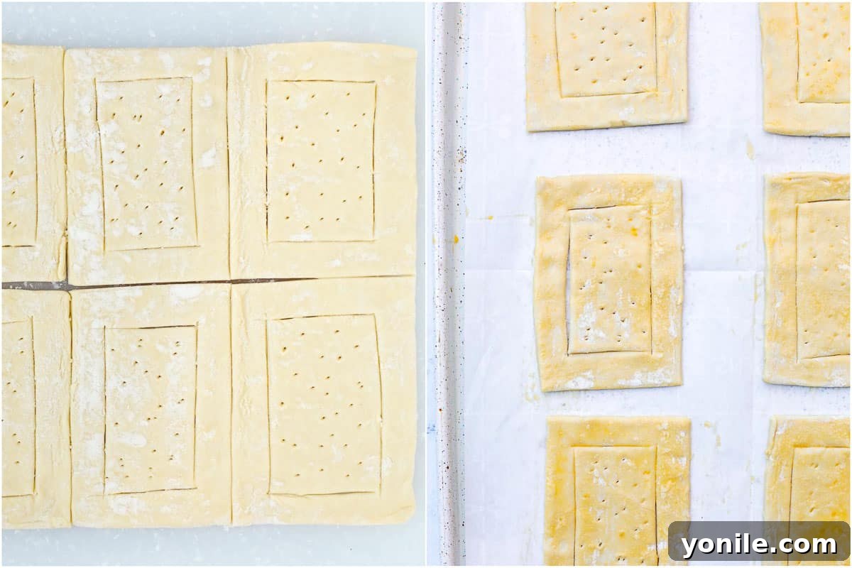 Raw puff pastry sheet, cut into rectangles with scored edges and pricked centers, ready for baking.