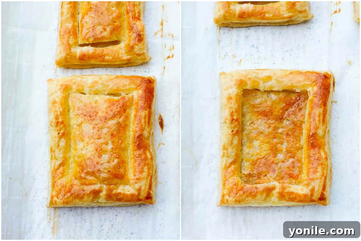 Baked puff pastry shells, some with their centers gently pressed down to form a well for filling.