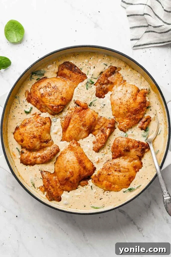 Velvety Sun-Dried Tomato Chicken Thighs 5 Cooked chicken thighs drenched in the creamy sundried tomato sauce in a pan.
