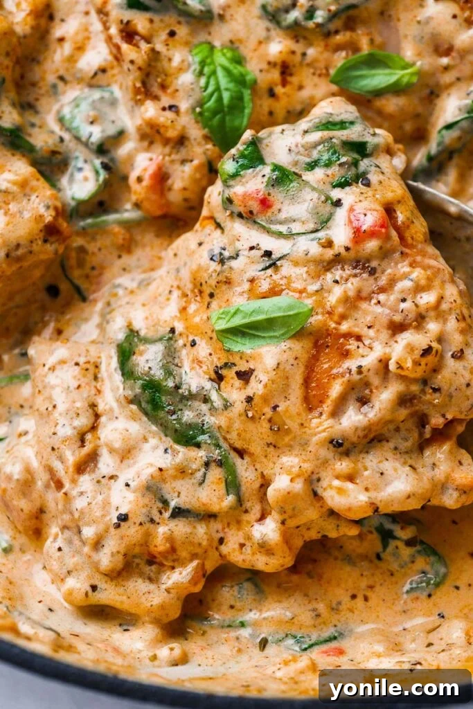 Velvety Sun-Dried Tomato Chicken Thighs 7 Another close up view of the creamy chicken thighs, highlighting the textures of the chicken and sauce.