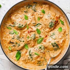 Top down view of the creamy chicken thighs dish, garnished with basil leaves