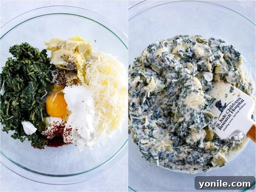 Step by step photo of making the stuffing for the shells. On the left shows the ingredients in a bowl and the right shows the ingredients mixed in the bowl.