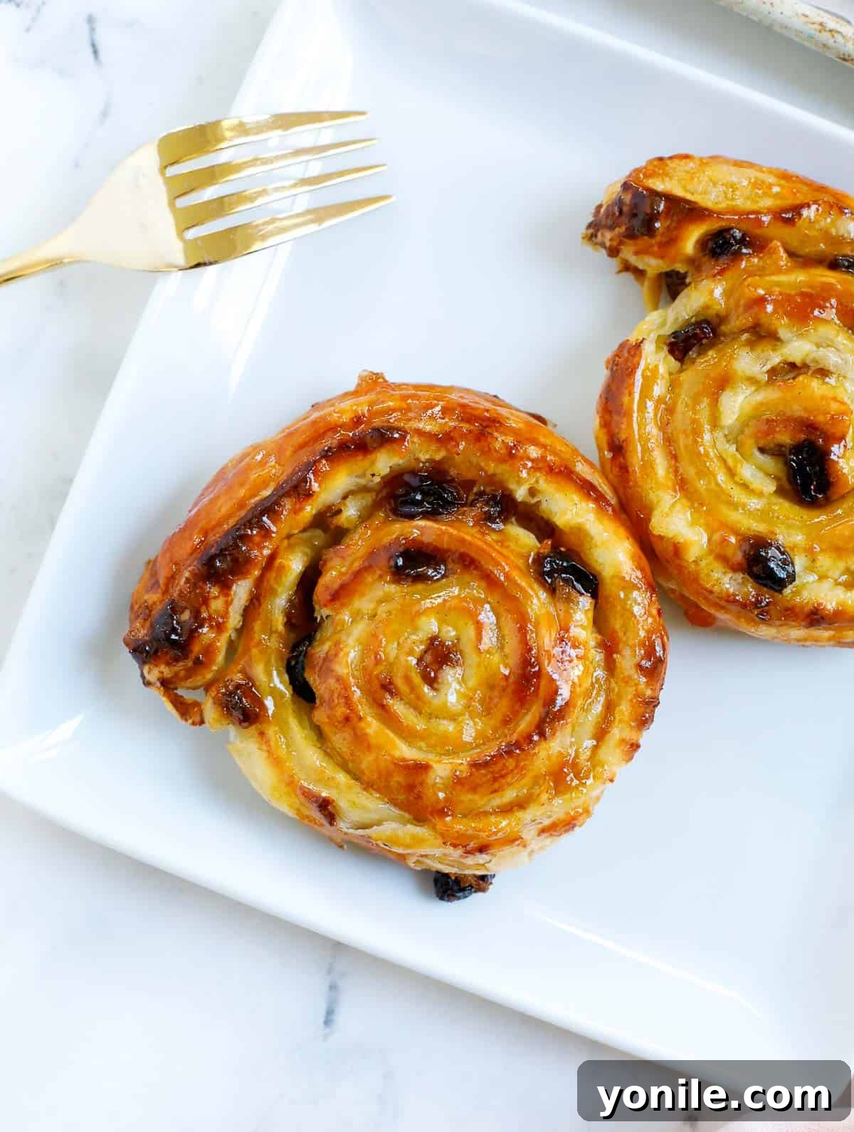 Beautifully baked pain aux raisins, golden brown and glazed, served on a white plate with one pastry gently broken to show the creamy raisin filling.