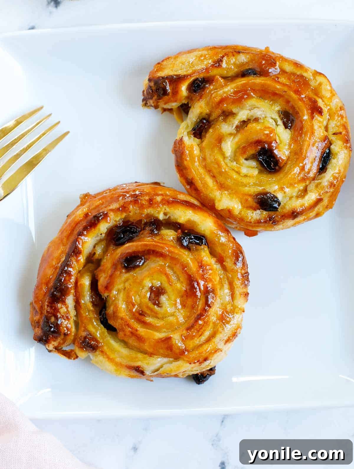 Two perfectly baked and glazed pain aux raisins resting on a pristine white plate, showcasing their inviting spiral shape and golden finish.