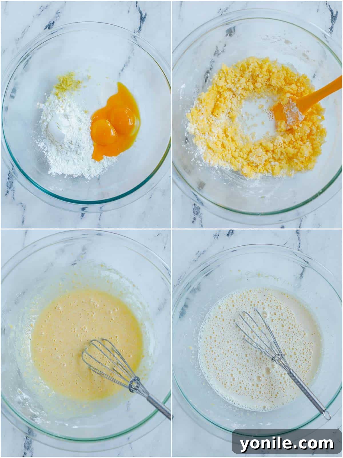 A whisk blending egg yolks, sugar, and corn starch in a bowl, preparing the base for the crème patissiere before adding hot milk.