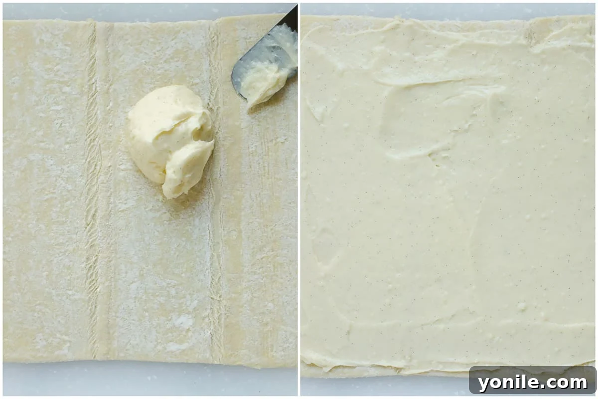 A side-by-side comparison showing an unspread puff pastry sheet and another with a smooth layer of crème patissiere covering it.