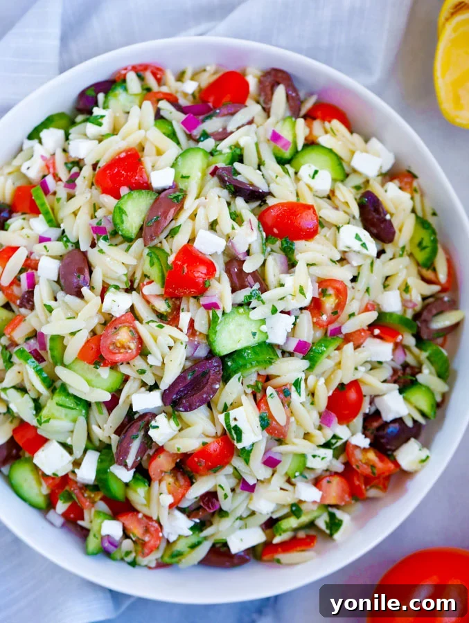 Fresh and vibrant Greek Orzo Salad in a large bowl