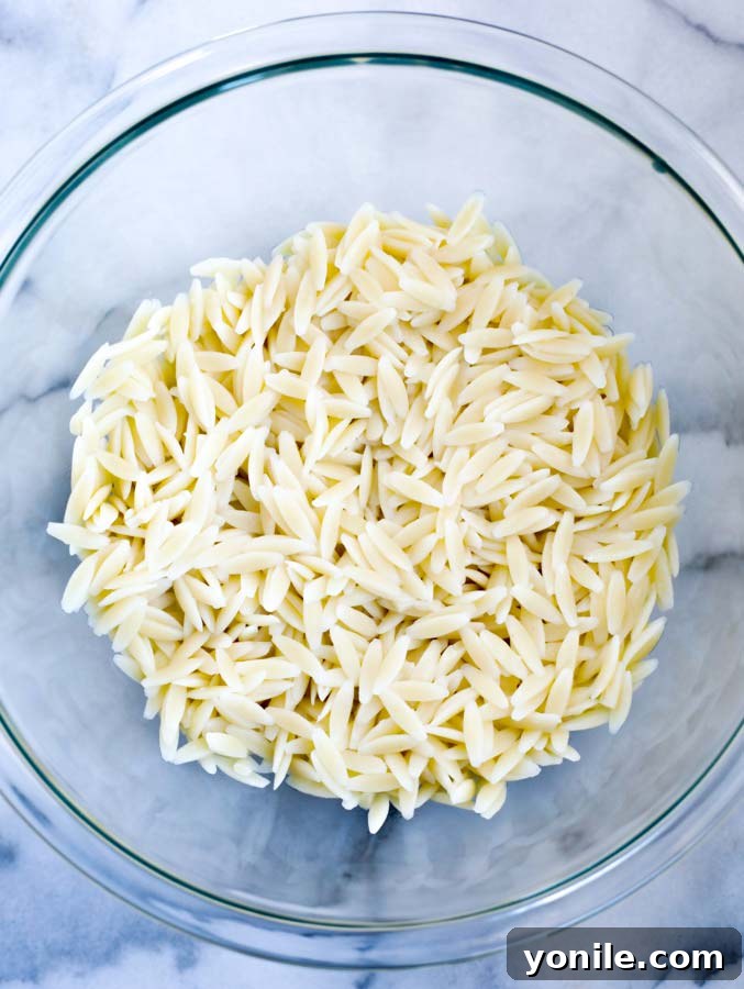 Cooked orzo pasta, ready for the salad