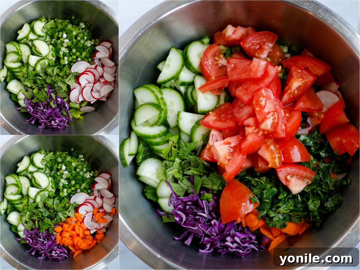 Vibrant Lebanese Fattoush 5 Assortment of chopped fresh salad ingredients mixed in a large bowl, vibrant and colorful.