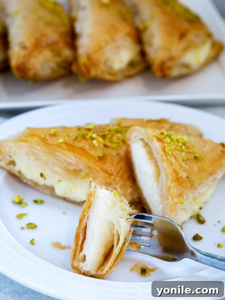 Flaky Lebanese Shaabiyat Pastry 14 a piece of shaabiyet cut in a plate with a fork holding it