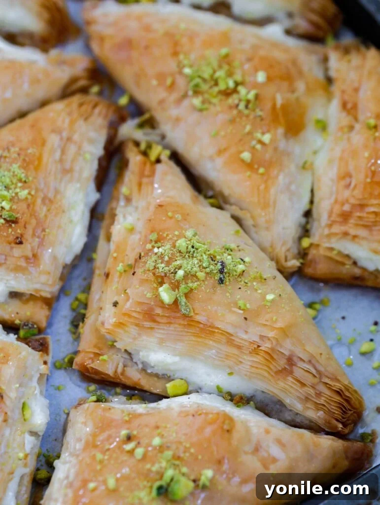 Flaky Lebanese Shaabiyat Pastry 3 baked shaabiyet in a tray garnished with pistachio