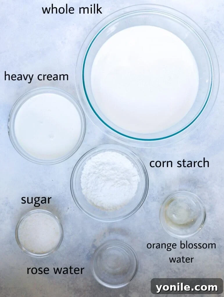 Flaky Lebanese Shaabiyat Pastry 4 ingredients for ashta cream, milk, sugar, corn starch, heavy cream, orange blossom water, rose water