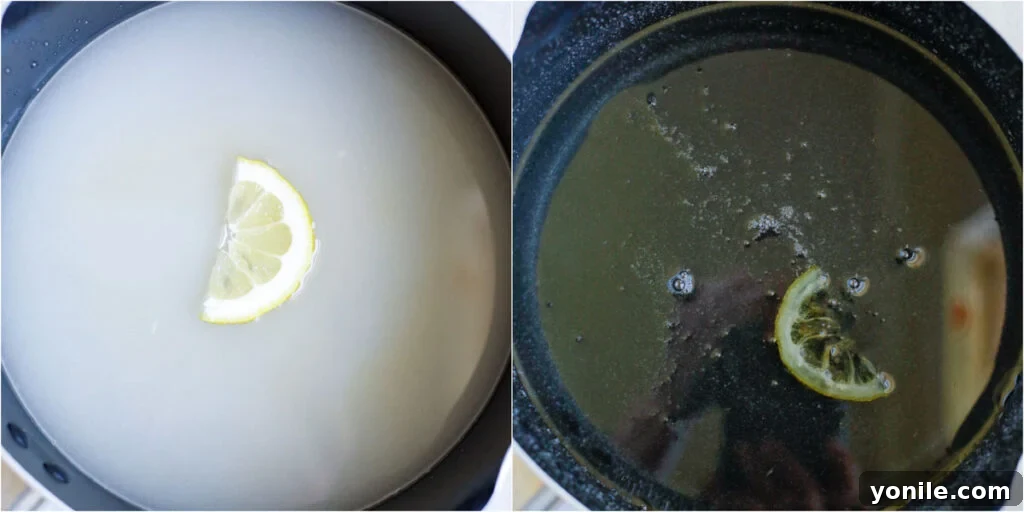 Flaky Lebanese Shaabiyat Pastry 6 sugar syrup in a pot with a lemon wedge