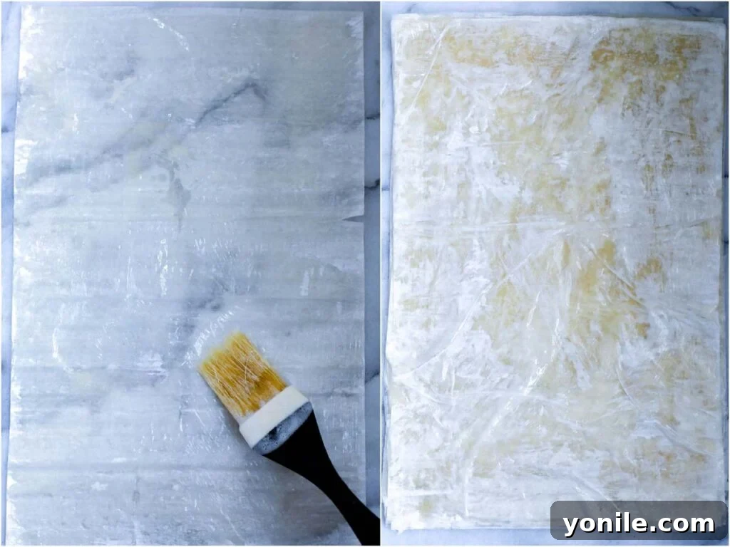 Flaky Lebanese Shaabiyat Pastry 9 phyllo dough sheet brushed with butter and shortening