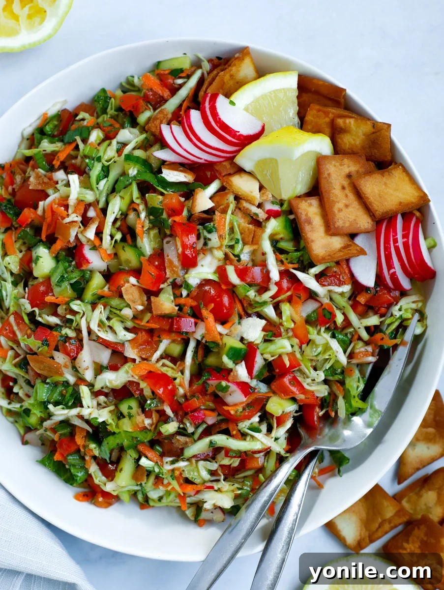 cabbage fattoush salad served in a white bowl