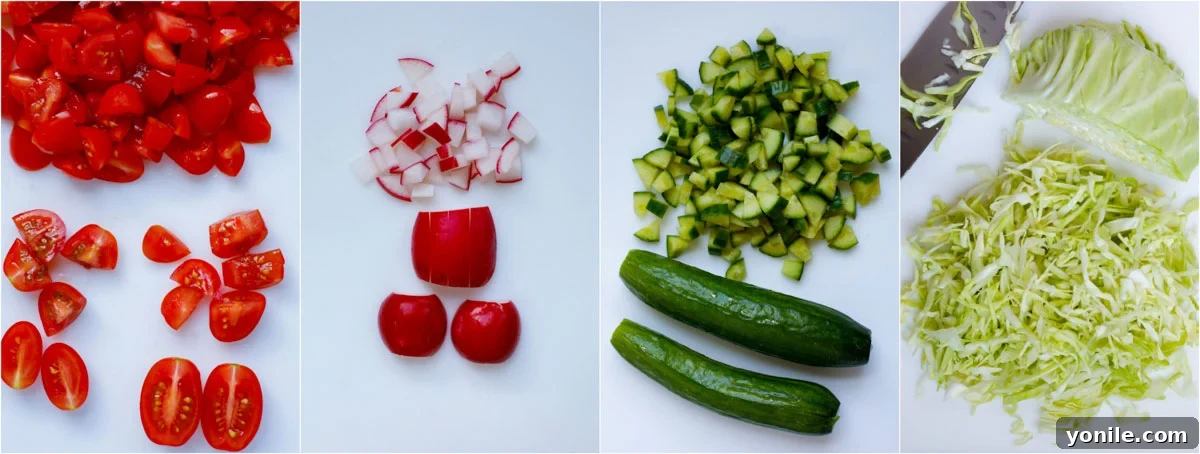 The vegetables diced and sliced