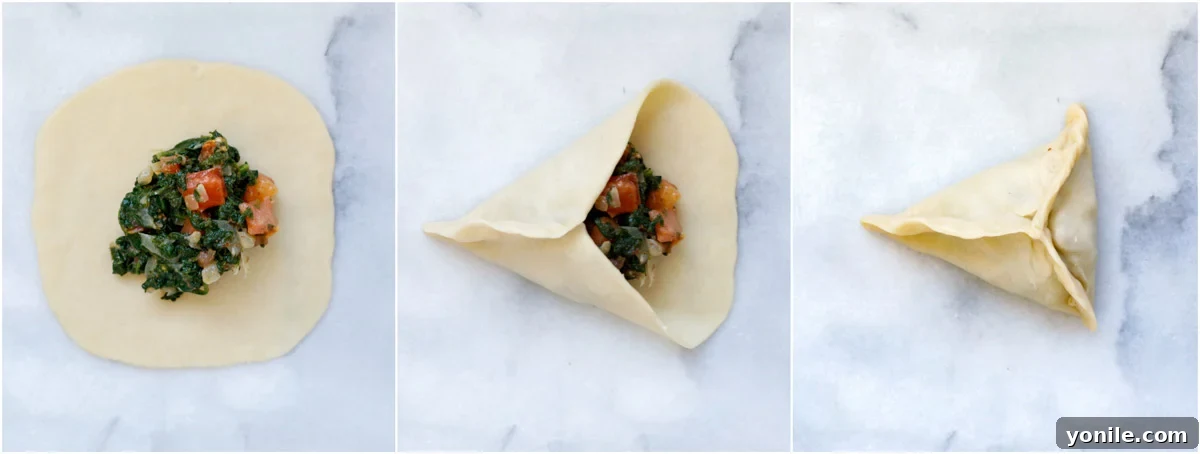 Traditional Lebanese Spinach Pies 13 demonstration on how to close the spinach pie into a triangle shape