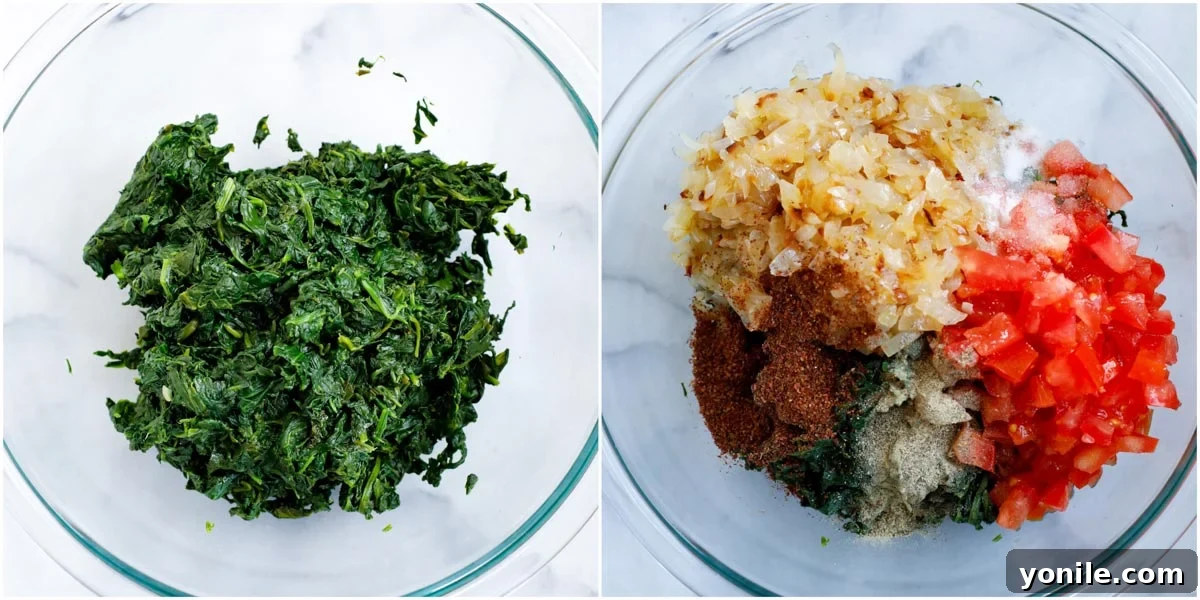 Traditional Lebanese Spinach Pies 10 spinach pie filling ingredients in a bowl