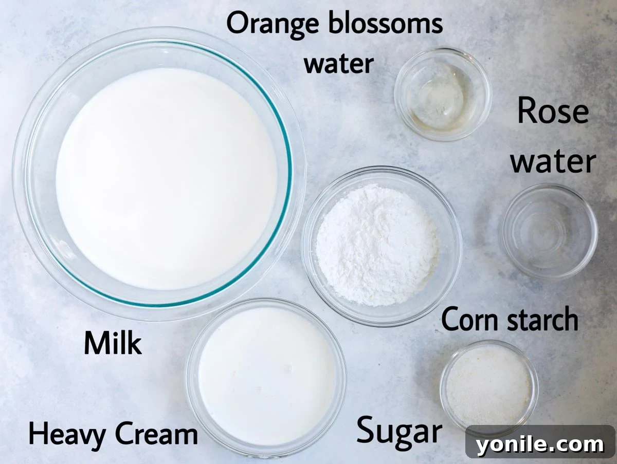 atayef filling mixture ingredients laid out. milk, cream, sugar, corn starch, rose water, orange blossoms water 